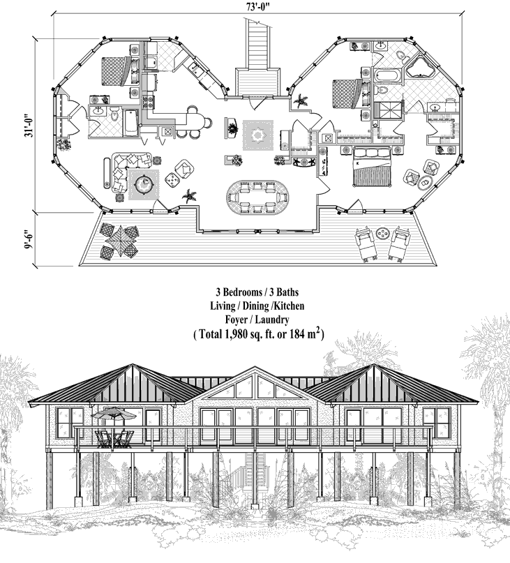 Prefab Piling House Plan - PG-0309 (1980 sq. ft.) 3 Bedrooms, 3 Baths, Living, Dining, Kitchen, Foyer, Laundry