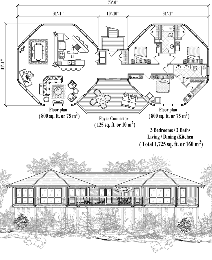 Prefab Piling House Plan - PG-0310 (1725 sq. ft.) 3 Bedrooms, 2 Baths, Living Room, Dining, Kitchen