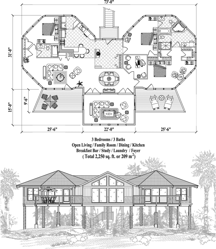 Prefab Piling House Plan - PG-0312 (2250 sq. ft.) 3 Bedrooms, 3 Baths, Open Living, Family Room, Dining, Breakfast Bar, Study, Laundry, Kitchen, Foyer, Laundry