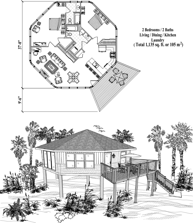 Prefab Piling House Plan - PG-0402 (1135 sq. ft.) 2 Bedrooms, 2 Baths, Living, Dining, Kitchen, Laundry