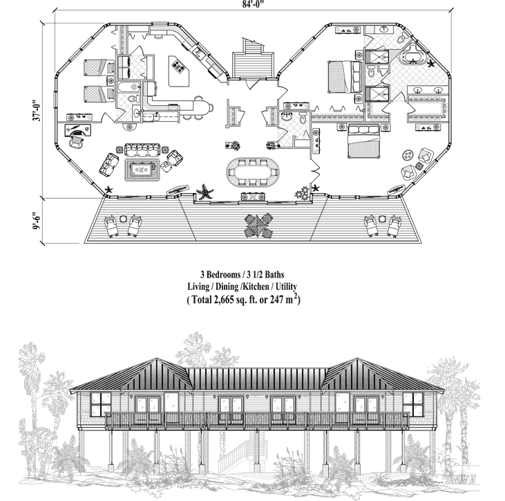 Prefab Piling House Plan - PG-0406 (2665 sq. ft.) 3 Bedrooms, 3 1/2 Baths, Living, Dining, Kitchen, Utility, Deck