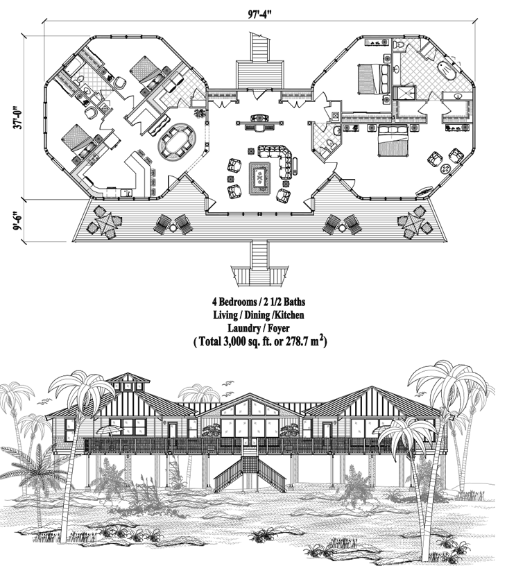 Prefab Piling House Plan - PG-0407 (3000 sq. ft.) 4 Bedrooms, 2 1/2 Baths, Living, Dining, Kitchen, Office, Laundry, Foyer