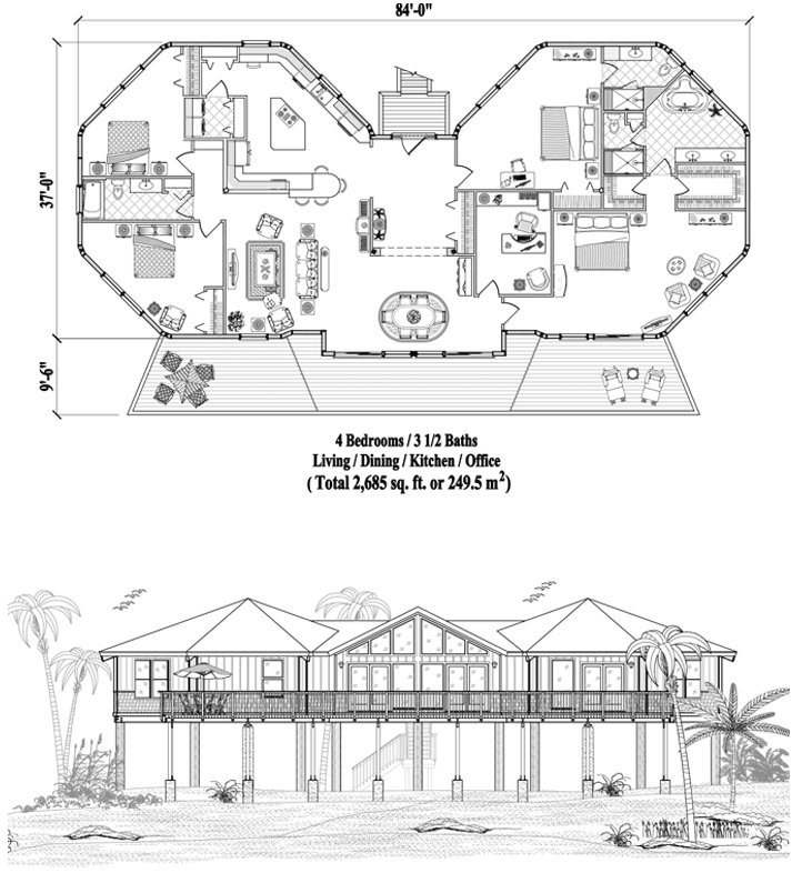 Prefab Piling House Plan - PG-0408 (2685 sq. ft.) 4 Bedrooms, 3 1/2 Baths, Living, Dining, Kitchen, Laundry, Office