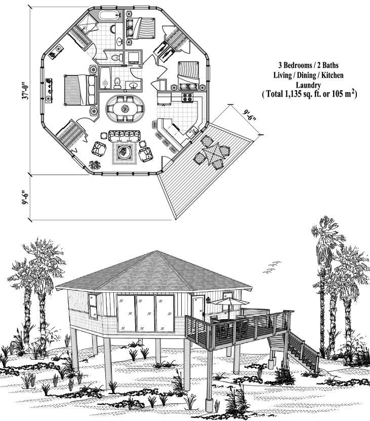Prefab Piling House Plan - PG-0416 (1135 sq. ft.) 3 Bedrooms, 2 Baths, Living, Dining, Kitchen, Laundry