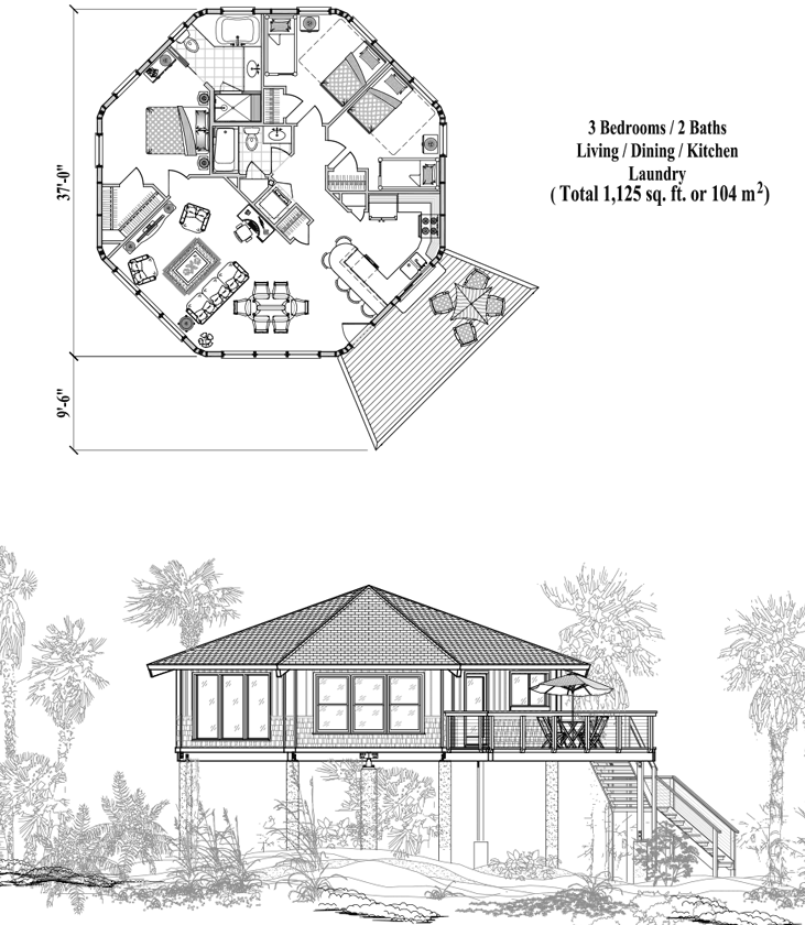 Prefab Piling House Plan - PG-0418 (1125 sq. ft.) 3 Bedrooms, 2 Baths