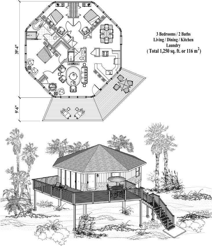 Prefab Piling House Plan - PG-0502 (1250 sq. ft.) 3 Bedrooms, 2 Baths, Living, Dining, Kitchen, Laundry