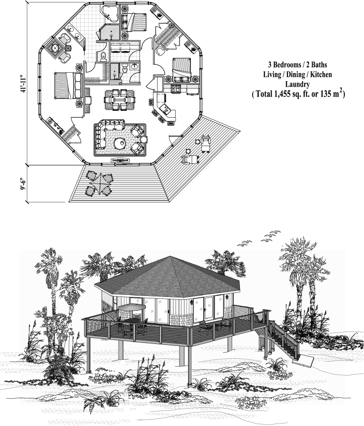 Prefab Piling House Plan - PG-0601 (1455 sq. ft.) 3 Bedrooms, 2 Baths, Living, Dining, Kitchen, Laundry