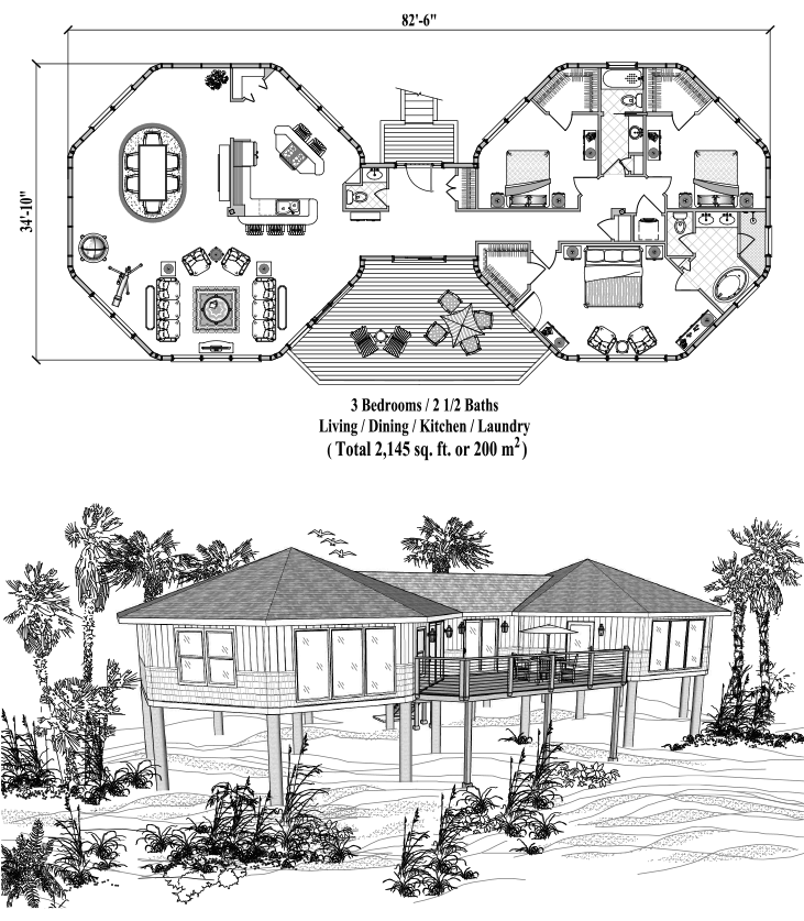 Prefab Piling House Plan - PG-1101 (2145 sq. ft.) 3 Bedrooms, 2 1/2 Baths, Living Room, Dining Room, Kitchen, Laundry