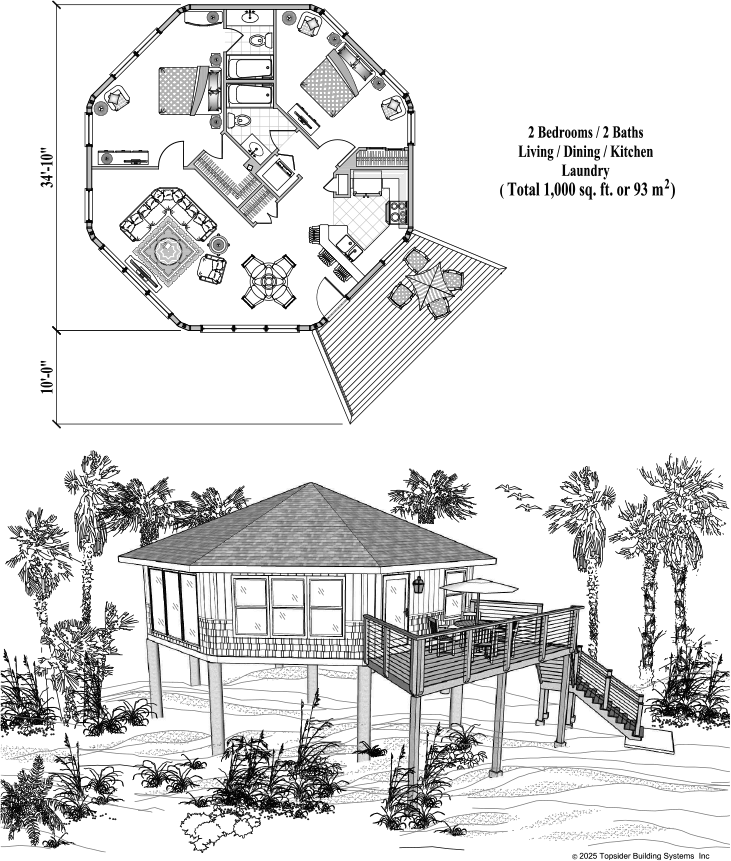 Prefab Piling House Plan - PG-1102 (1000 sq. ft.) 2 Bedrooms, 2 Baths, 