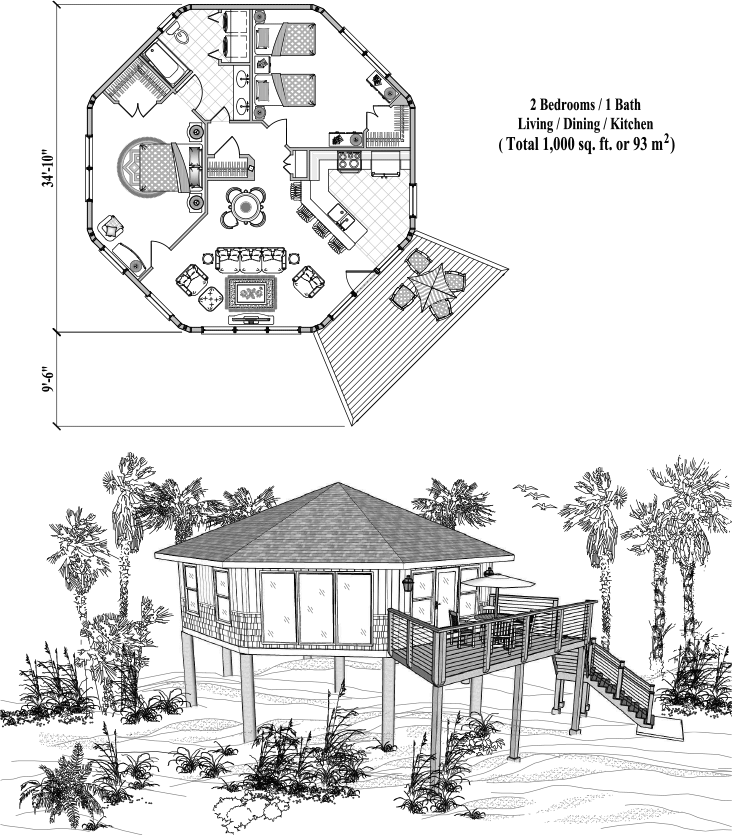 Prefab Piling House Plan - PG-1105 (1000 sq. ft.) 2 Bedrooms, 1 Baths, 