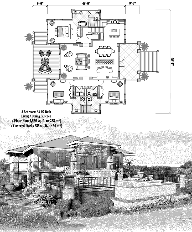 Prefab Piling House Plan - PG-2101 (2565 sq. ft.) 3 Bedrooms, 3 1/2 Baths, Living, Dining, Kitchen