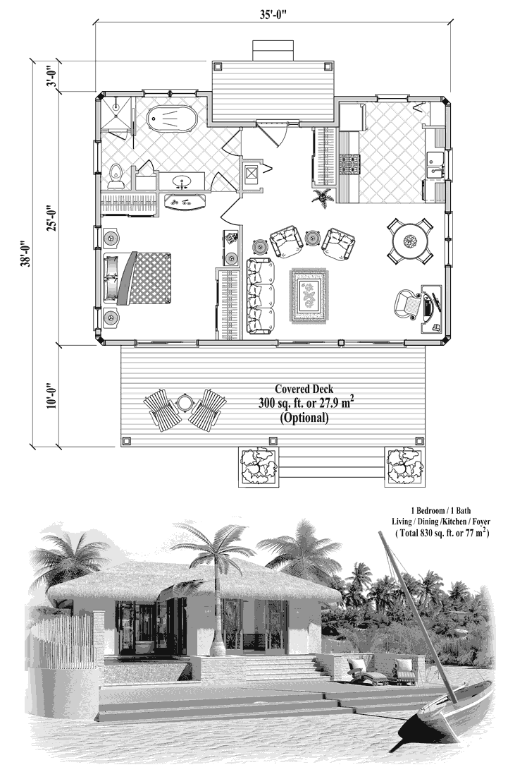 Prefab Piling House Plan - PG-2102 (830 sq. ft.) 1 Bedrooms, 1 Baths, Living, Dining, Kitchen, Foyer, Covered Deck