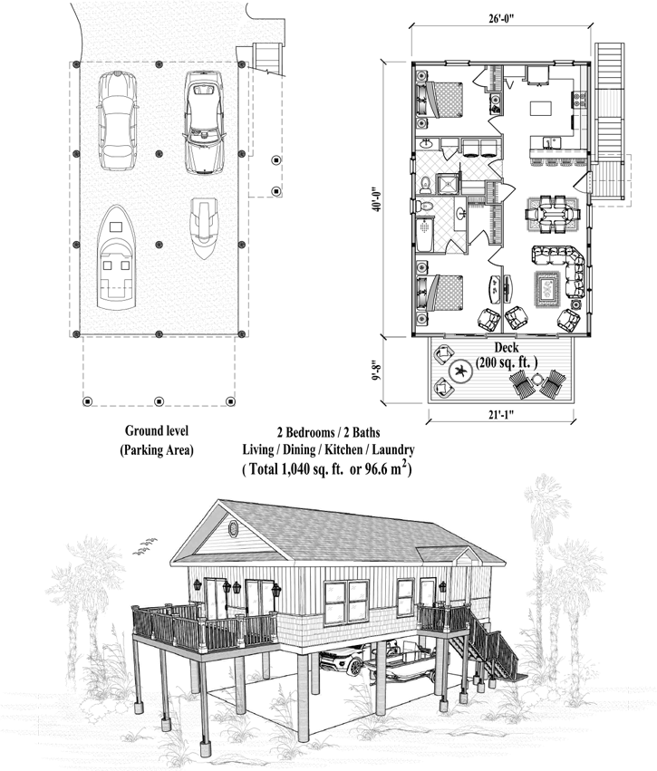 Prefab Piling House Plan - PG-2103 (1040 sq. ft.) 2 Bedrooms, 2 Baths