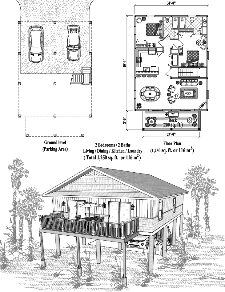 Prefab Piling House Plan - PG-2104 (1250 sq. ft.) 2 Bedrooms, 2 Baths, Living, Dining, Kitchen, Laundry