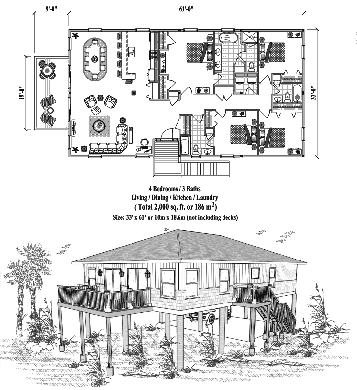 Prefab Piling House Plan - PG-2105 (2000 sq. ft.) 4 Bedrooms, 3 Baths, Living, Dining, Kitchen, Laundry