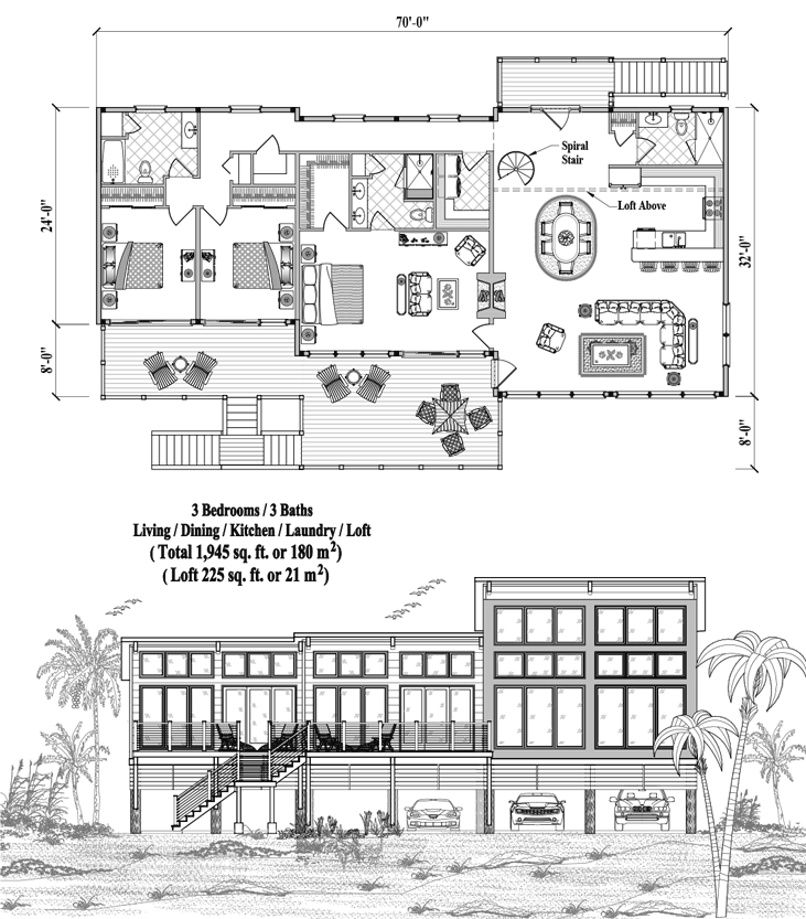 Prefab Piling House Plan - PG-2106 (1945 sq. ft.) 3 Bedrooms, 3 Baths, Living, Dining, Kitchen, Laundry, Loft