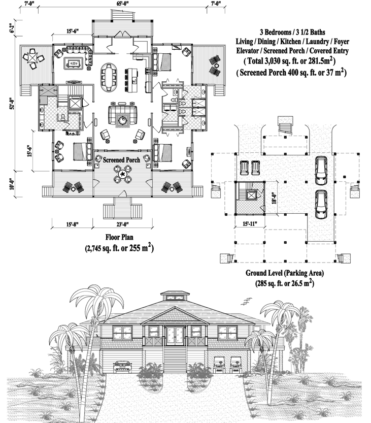 Prefab Piling House Plan - PG-2107 (3030 sq. ft.) 3 Bedrooms, 3 1/2 Baths, Living, Dining, Kitchen, Laundry, Foyer, Elevator, Screened Porch, Covered Entry