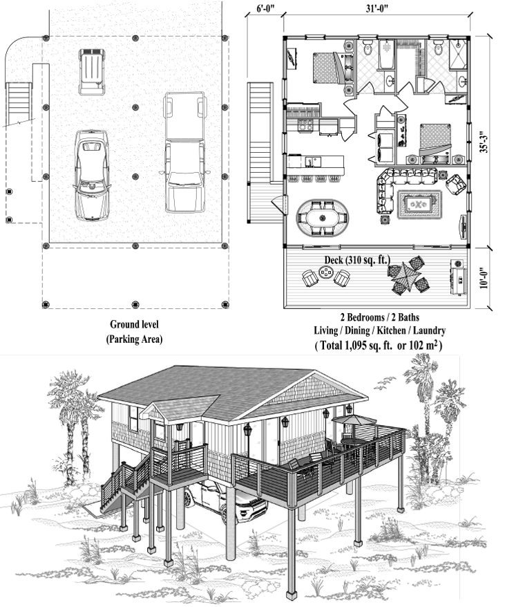 Prefab Piling House Plan - PG-2108 (1095 sq. ft.) 2 Bedrooms, 2 Baths, Living, Dining, Kitchen, Laundry