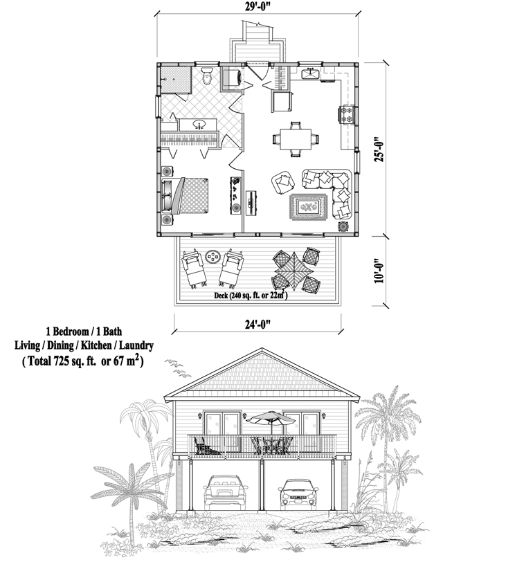 Prefab Piling House Plan - PG-2109 (725 sq. ft.) 1 Bedrooms, 1 Baths
