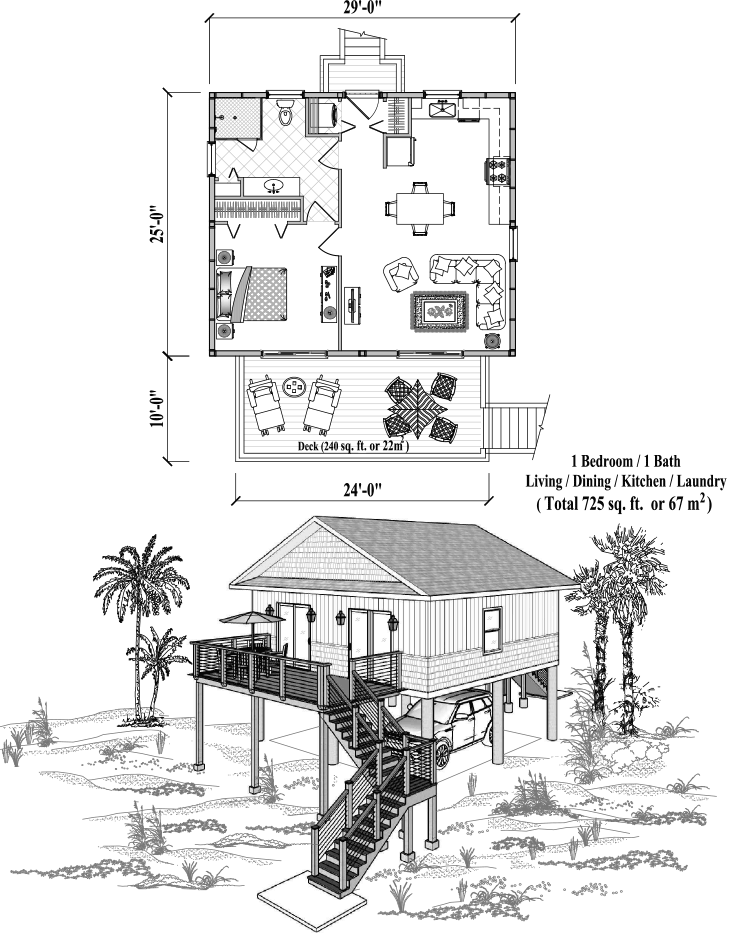 Prefab Piling House Plan - PG-2109 (725 sq. ft.) 1 Bedrooms, 1 Baths