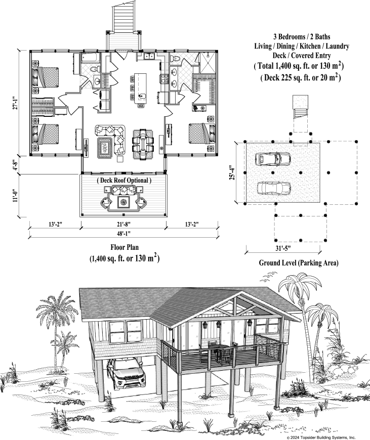 Prefab Piling House Plan - PG-2110 (1400 sq. ft.) 3 Bedrooms, 2 Baths, Living Room, Dining Room, Kitchen, Laundry, Deck, Covered Entry