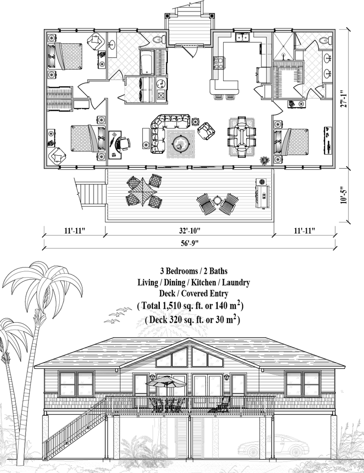 Prefab Piling House Plan - PG-2111 (1510 sq. ft.) 3 Bedrooms, 2 Baths, Living Room, Dining Room, Kitchen, Laundry, Deck, Covered Entry