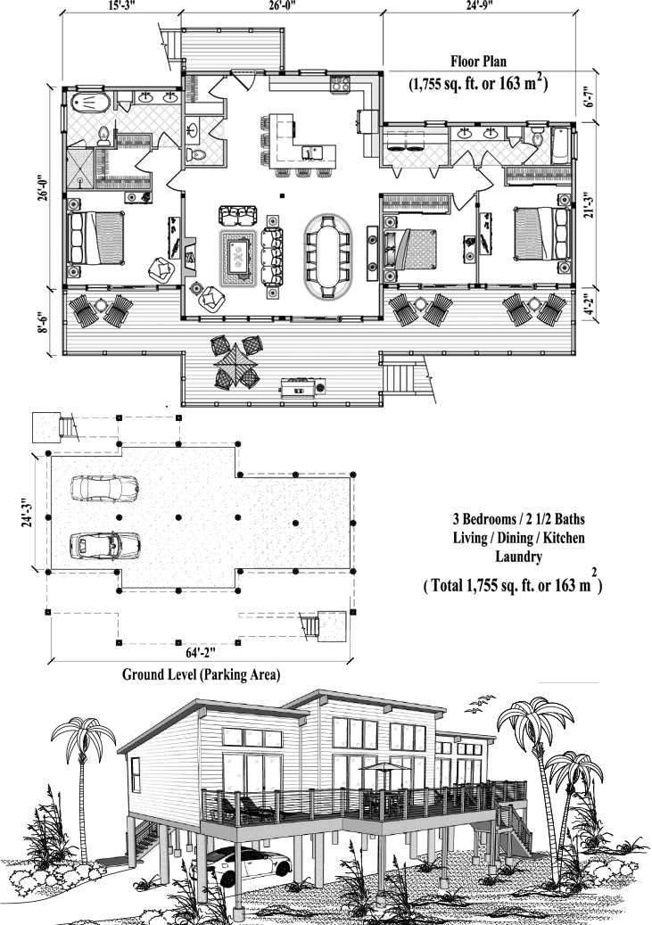 Prefab Piling House Plan - PG-2112 (1755 sq. ft.) 3 Bedrooms, 2 1/2 Baths, Living Room, Dining Room, Kitchen, Laundry