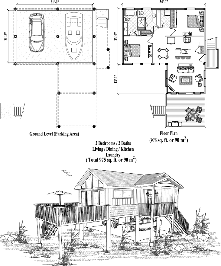 Prefab Piling House Plan - PG-2113 (975 sq. ft.) 2 Bedrooms, 2 Baths, Living Room, Dining Room, Kitchen, Laundry