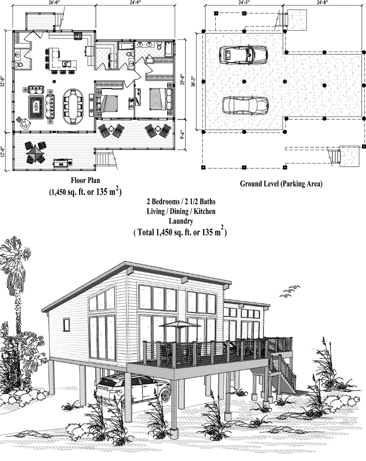 Prefab Piling House Plan - PG-2114 (1450 sq. ft.) 2 Bedrooms, 2 1/2 Baths, Living Room, Dining Room, Kitchen, Laundry