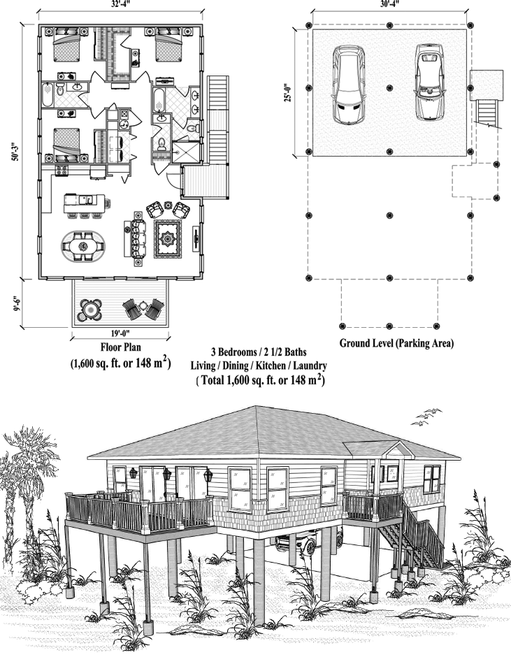Prefab Piling House Plan - PG-2115 (1600 sq. ft.) 3 Bedrooms, 2 1/2 Baths, Living Room, Dining Room, Kitchen, Laundry