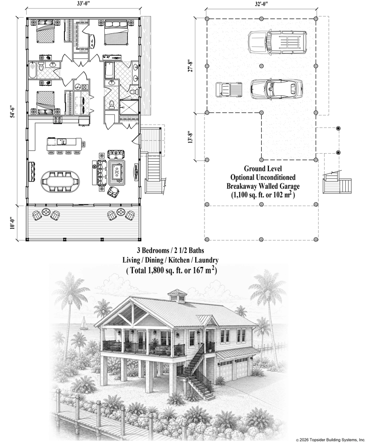 Prefab Piling House Plan - PG-2117 (1800 sq. ft.) 3 Bedrooms, 2 1/2 Baths