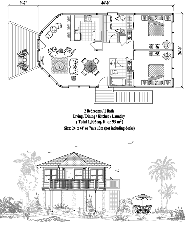 Prefab Piling House Plan - PGE-0101 (1005 sq. ft.) 2 Bedrooms, 1 Baths