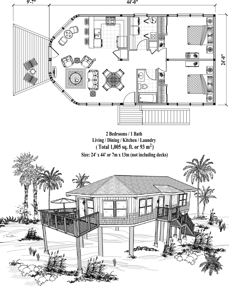 Prefab Piling House Plan - PGE-0101 (1005 sq. ft.) 2 Bedrooms, 1 Baths, Living, Dining, Kitchen, Laundry