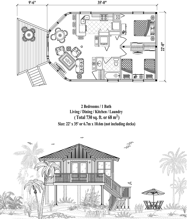 Prefab Piling House Plan - PGE-0102 (730 sq. ft.) 2 Bedrooms, 1 Baths, 