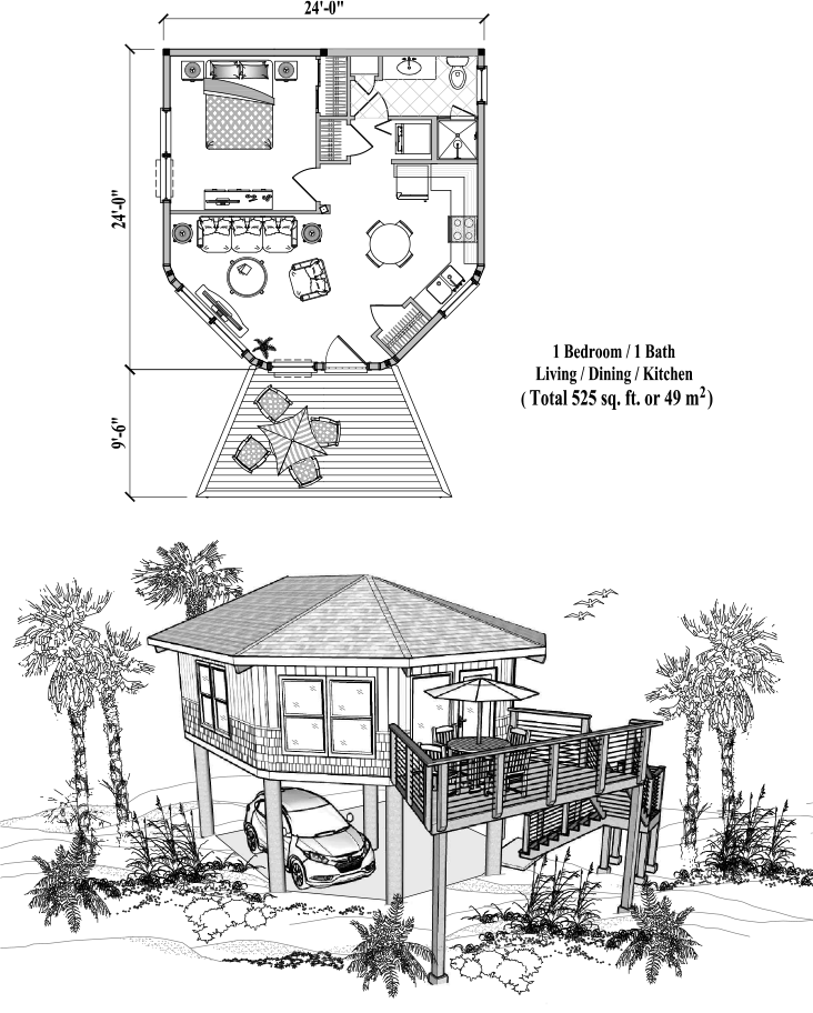 Prefab Piling House Plan - PGE-0103 (525 sq. ft.) 1 Bedrooms, 1 Baths