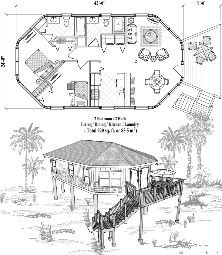 Prefab Piling House Plan - PGE-0104 (920 sq. ft.) 2 Bedrooms, 2 Baths, Living, Dining, Kitchen, Laundry