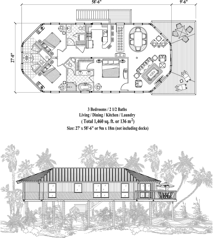 Prefab Piling House Plan - PGE-0201 (1460 sq. ft.) 3 Bedrooms, 2 1/2 Baths