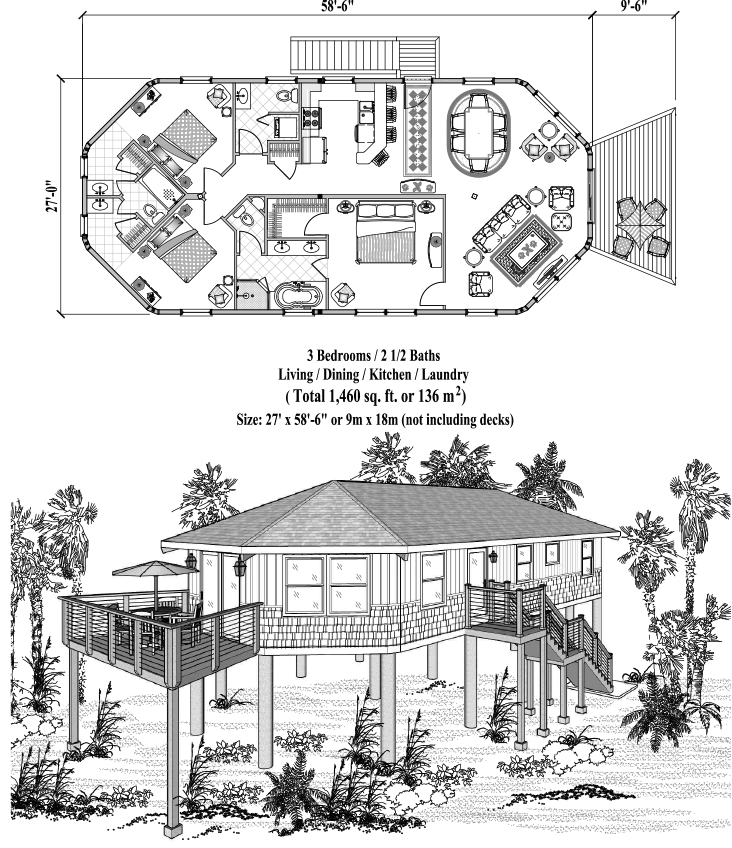 Prefab Piling House Plan - PGE-0201 (1460 sq. ft.) 3 Bedrooms, 2 1/2 Baths, 