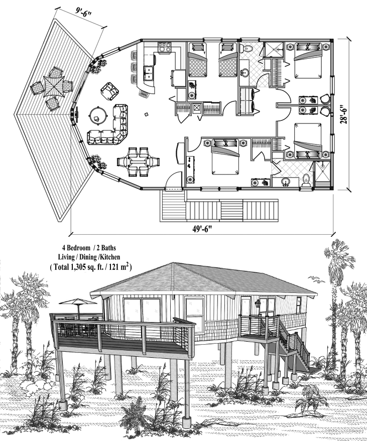 Prefab Piling House Plan - PGE-0202 (1305 sq. ft.) 4 Bedrooms, 2 Baths, Living, Dining, Kitchen, Foyer, Laundry & 3-Car Garage