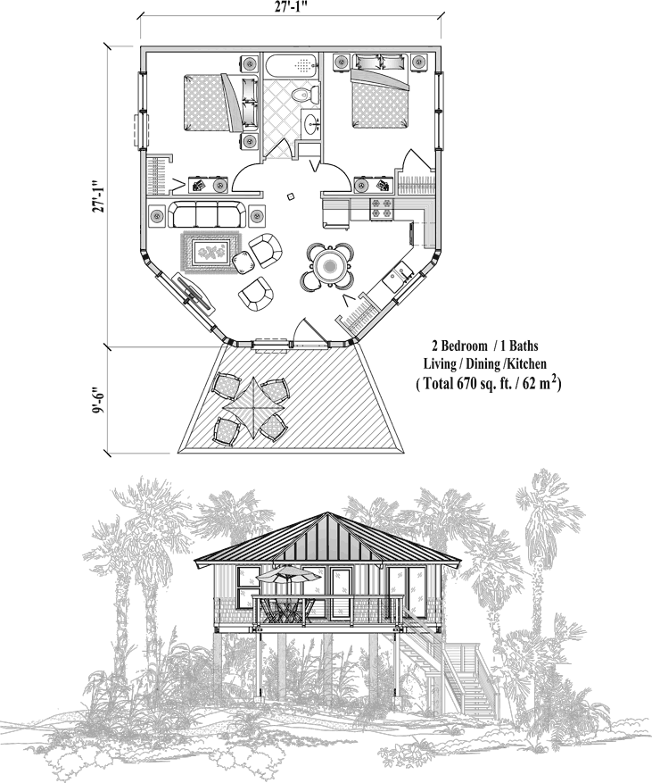 Prefab Piling House Plan - PGE-0203 (670 sq. ft.) 2 Bedrooms, 1 Baths, 