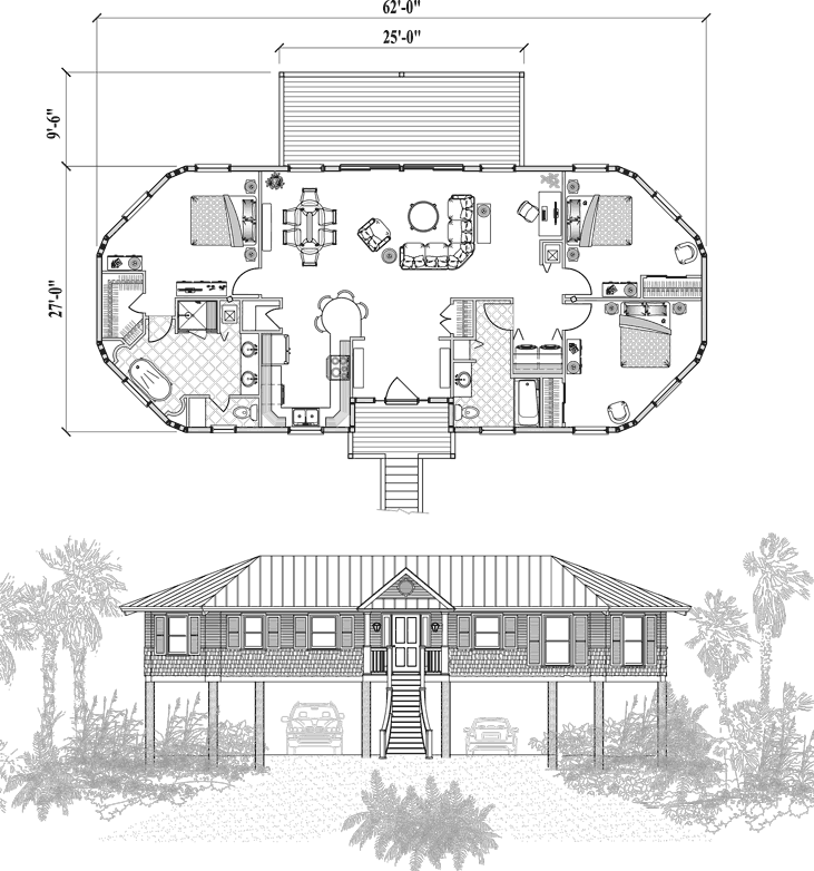Prefab Piling House Plan - PGE-0205 (1525 sq. ft.) 3 Bedrooms, 2 Baths