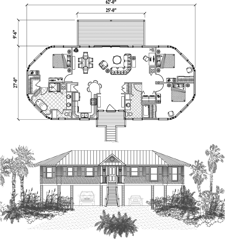 Prefab Piling House Plan - PGE-0205 (1525 sq. ft.) 3 Bedrooms, 2 Baths, Living, Kitchen, Laundry, Foyer, Deck