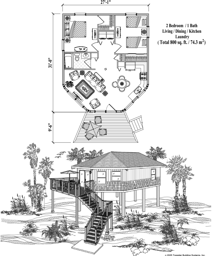Prefab Piling House Plan - PGE-0206 (800 sq. ft.) 2 Bedrooms, 1 Baths, Living, Dining, Kitchen, Laundry