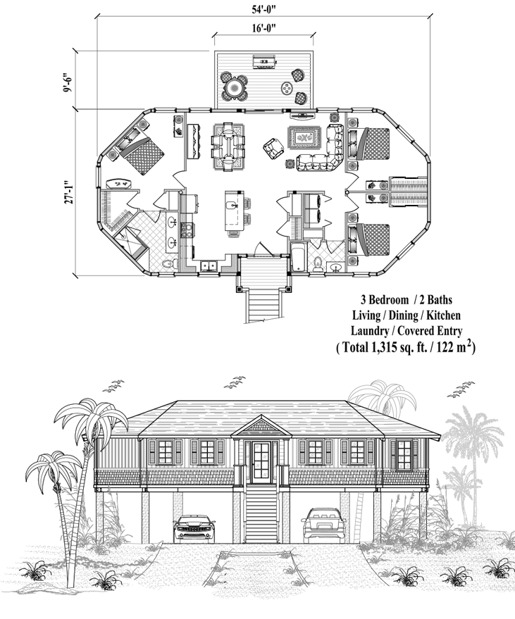 Prefab Piling House Plan - PGE-0207 (1315 sq. ft.) 3 Bedrooms, 2 Baths, Living, Dining, Kitchen, Laundry, Covered Entry