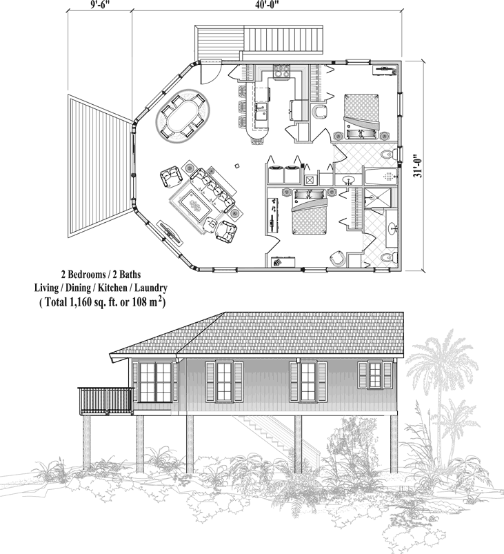 Prefab Piling House Plan - PGE-0305 (1160 sq. ft.) 2 Bedrooms, 2 Baths