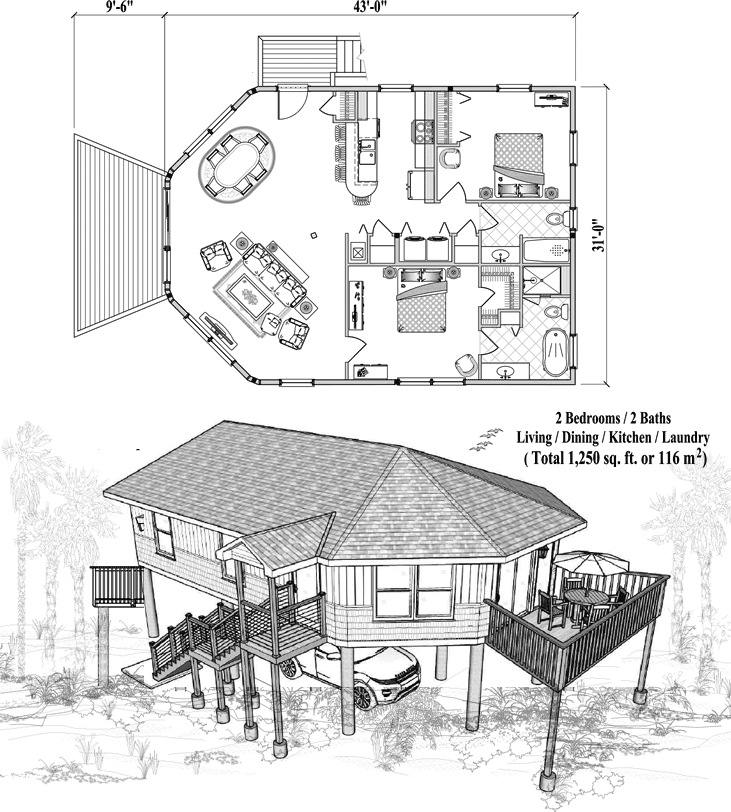 Prefab Piling House Plan - PGE-0306 (1250 sq. ft.) 2 Bedrooms, 2 Baths, 