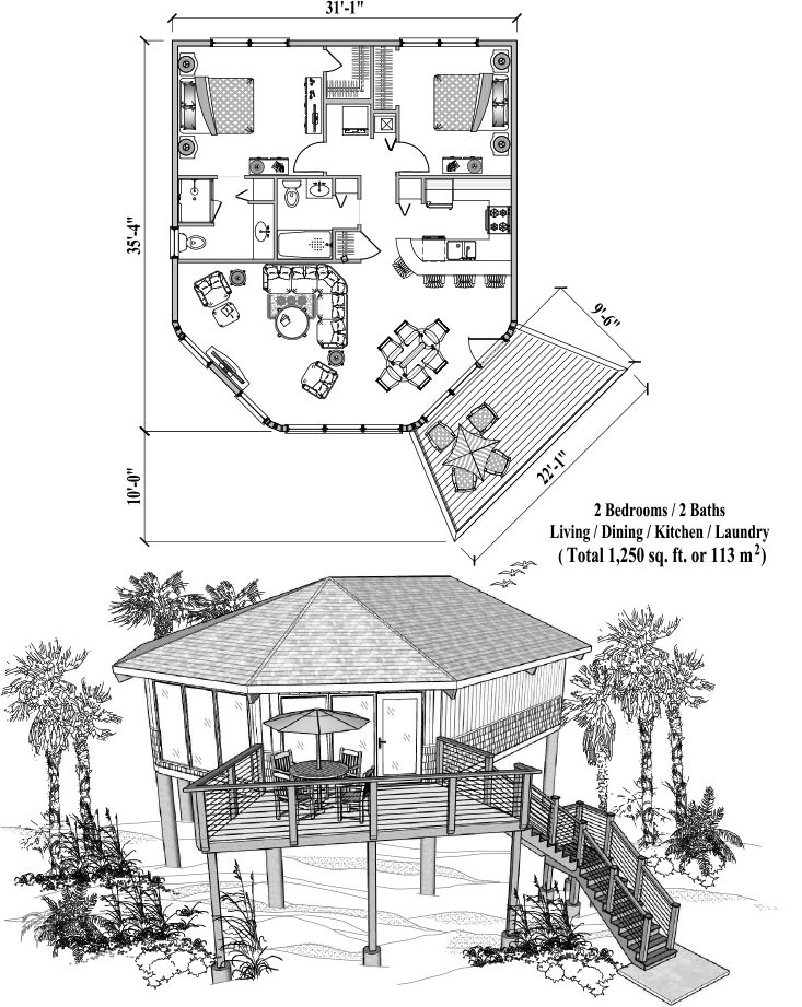 Prefab Piling House Plan - PGE-0307 (1250 sq. ft.) 2 Bedrooms, 2 Baths, Living, Dining, Kitchen & Laundry