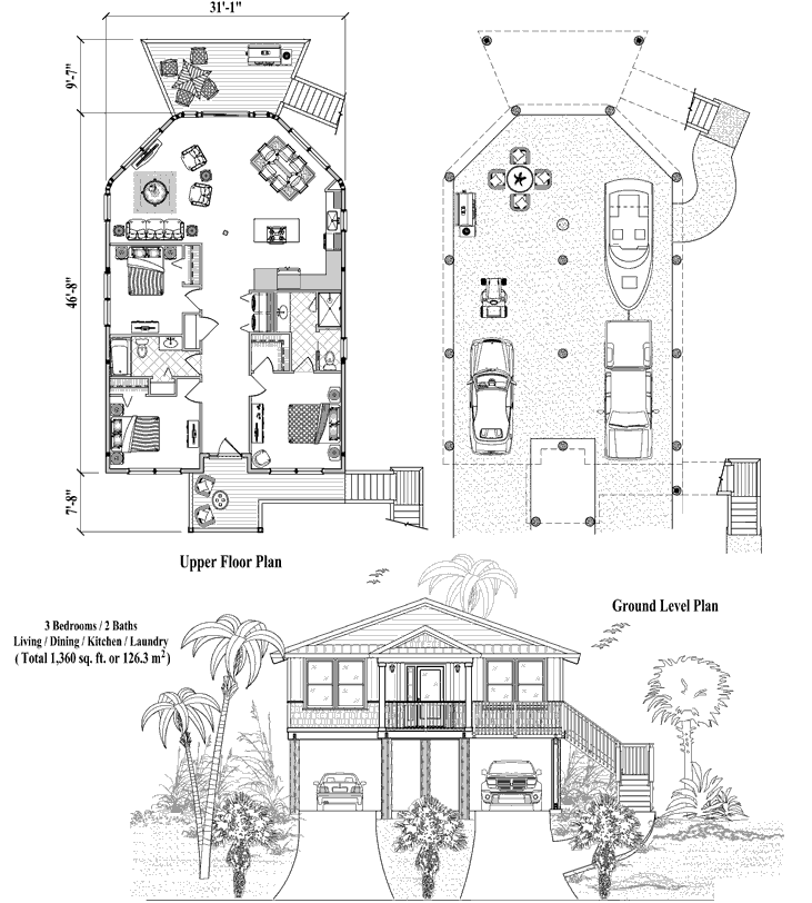 Prefab Piling House Plan - PGE-0308 (1360 sq. ft.) 3 Bedrooms, 2 Baths, Living, Dining, Kitchen, Laundry
