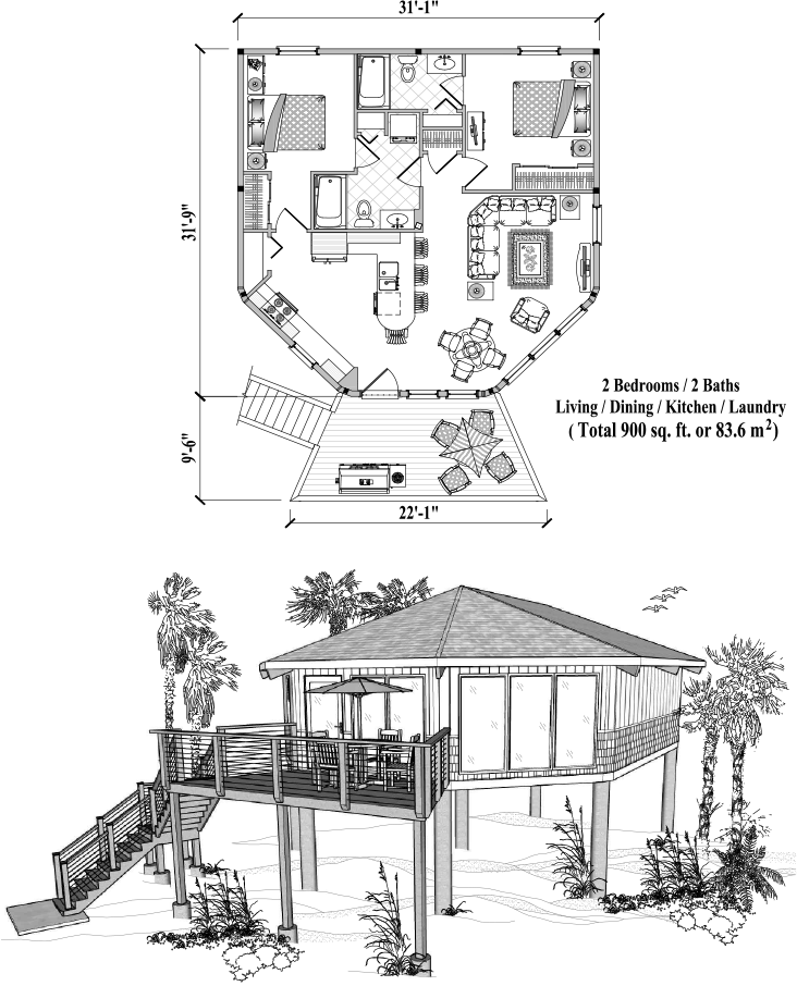 Prefab Piling House Plan - PGE-0310 (900 sq. ft.) 2 Bedrooms, 2 Baths, Living, Dining, Kitchen, Laundry