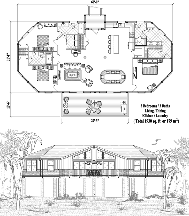 Prefab Piling House Plan - PGE-0311 (1930 sq. ft.) 3 Bedrooms, 3 Baths, Living, Dining, Kitchen, Laundry